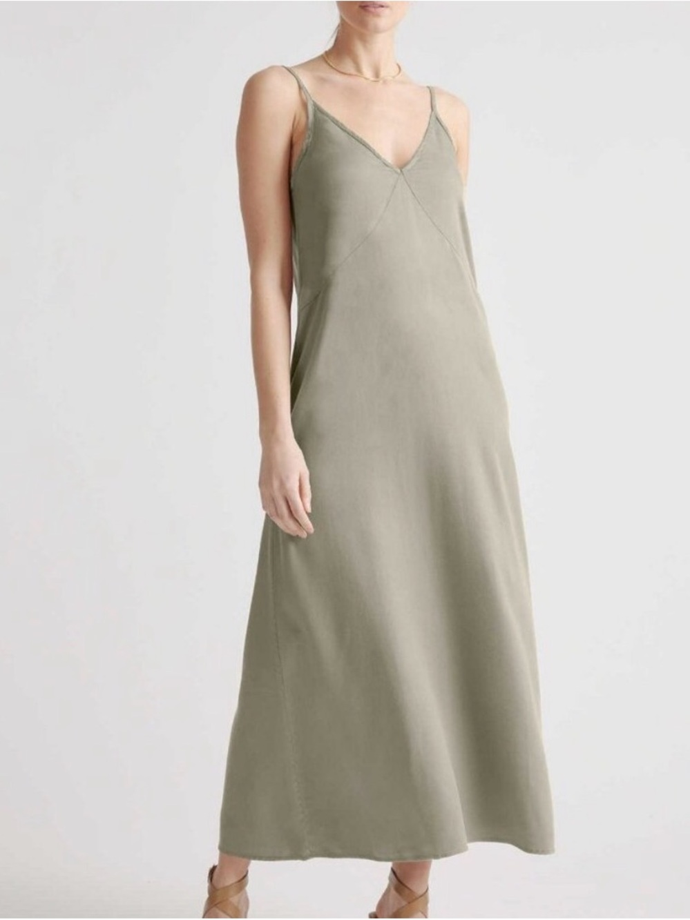 QUINCE Vintage Wash Olive Green Tencel Slip Maxi Dress V-Neck Minimalist M